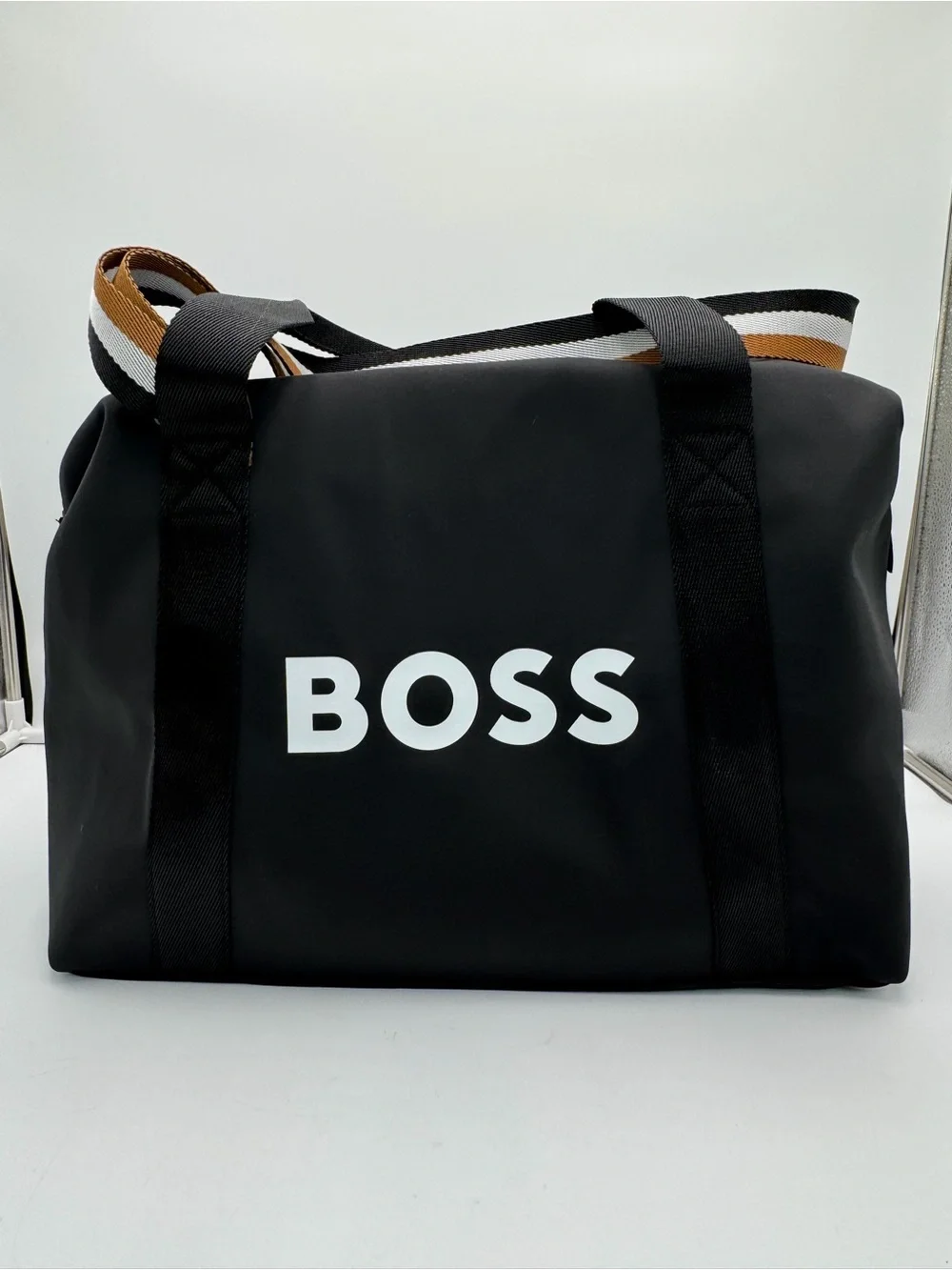 Hugo BOSS Parfums Black Weekender Duffel Travel Gym Bag Striped Handles Zip Tote